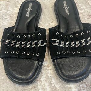 Minnetonka Black Suede Slide Sandals with Silver Chain